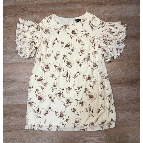Floral Cream and Brown Dress with Short Flutter Sleeve - Picture 1 of 6